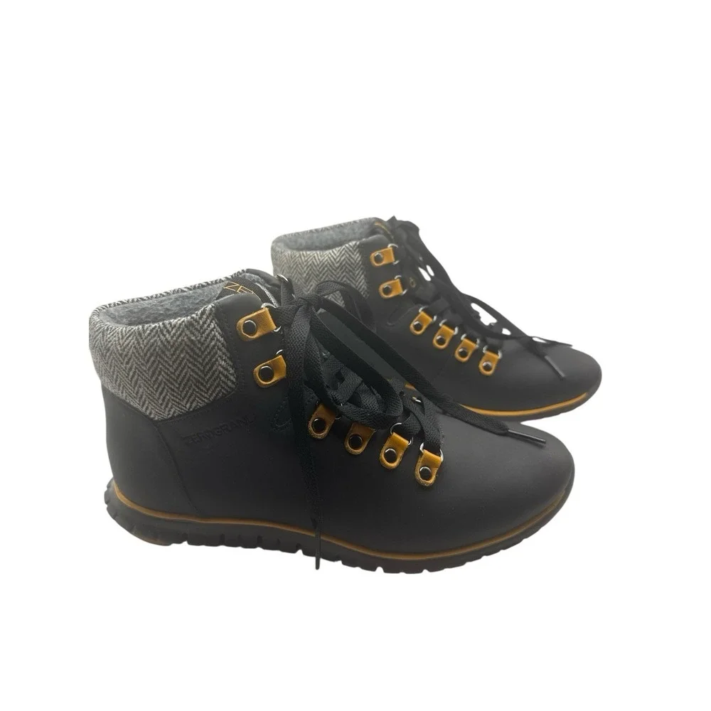 Cole Haan Zero Gravity Waterproof Boots Woman's 6 B Black Leather Yellow Accents
